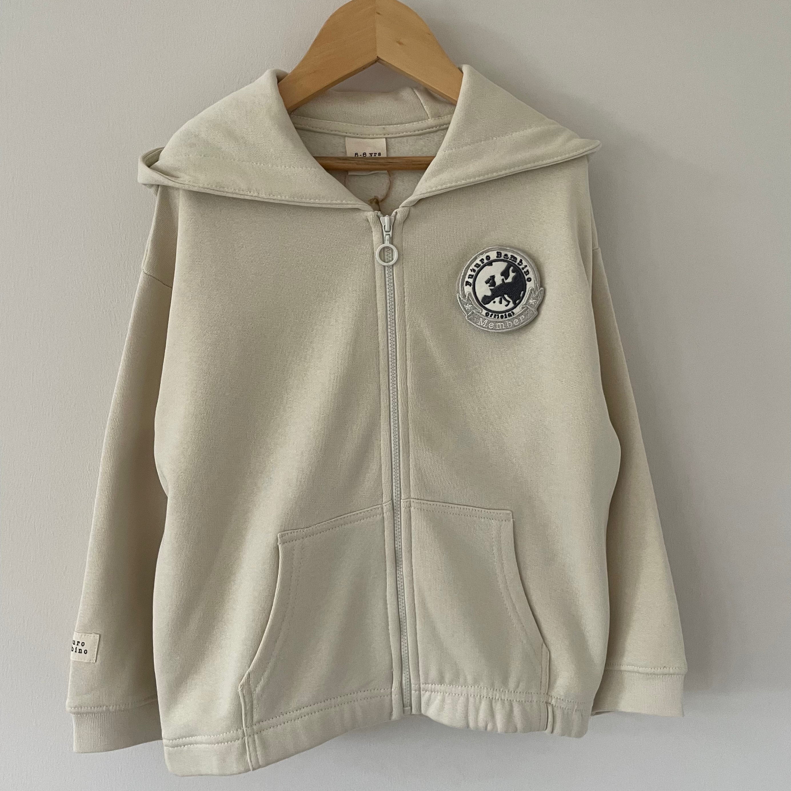 Organic Cotton Zip Up Patch Hoodie Ecru