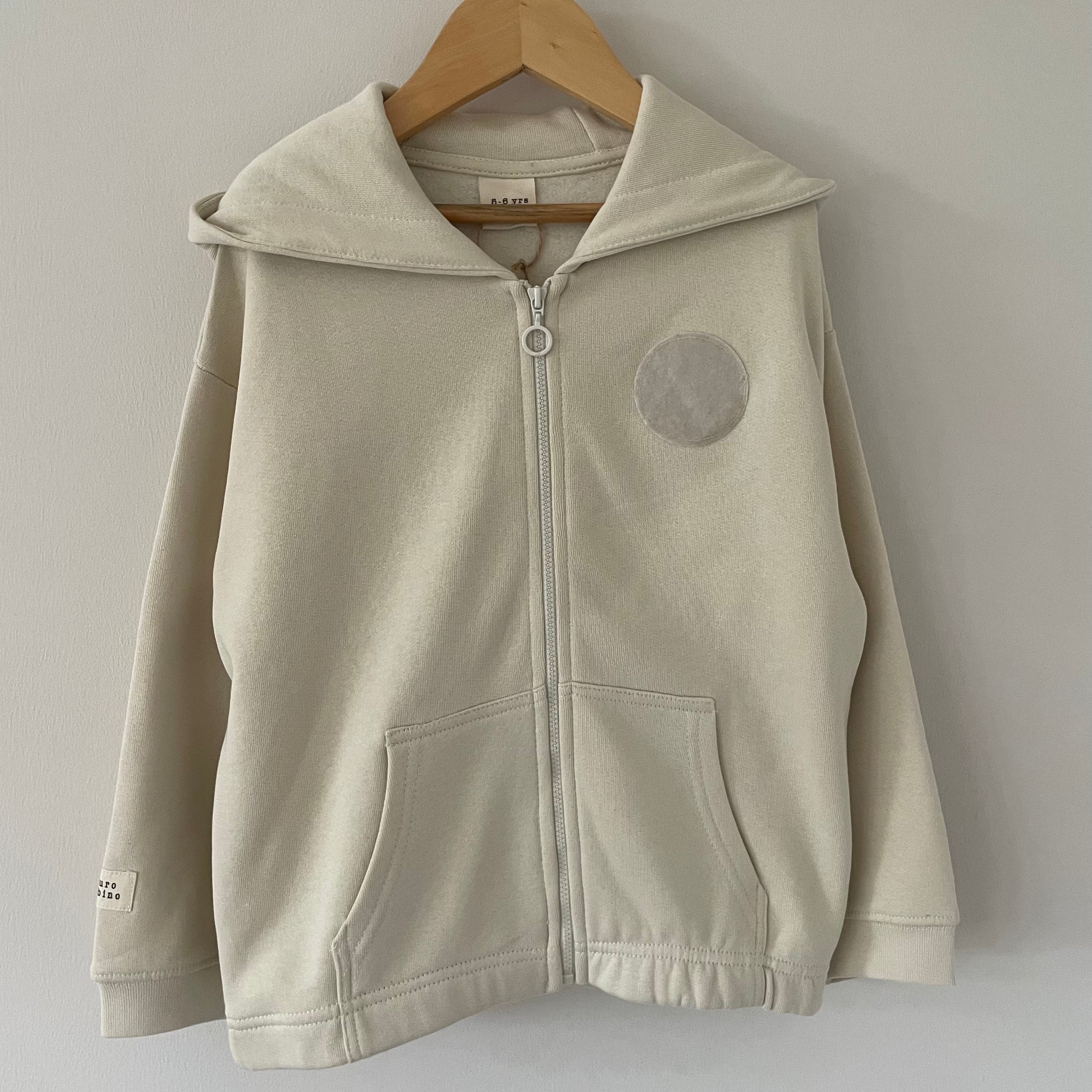 Organic Cotton Zip Up Patch Hoodie Ecru